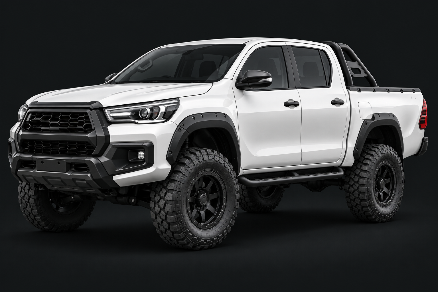 White Toyota Hilux double-cab pickup with off-road tires